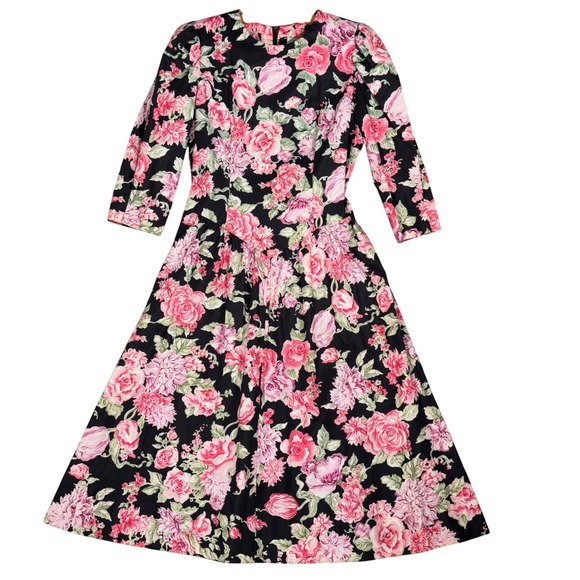 Vintage‎ Lanz Originals Midi Dress Size M Black Pink Floral Basque Waistline 80s